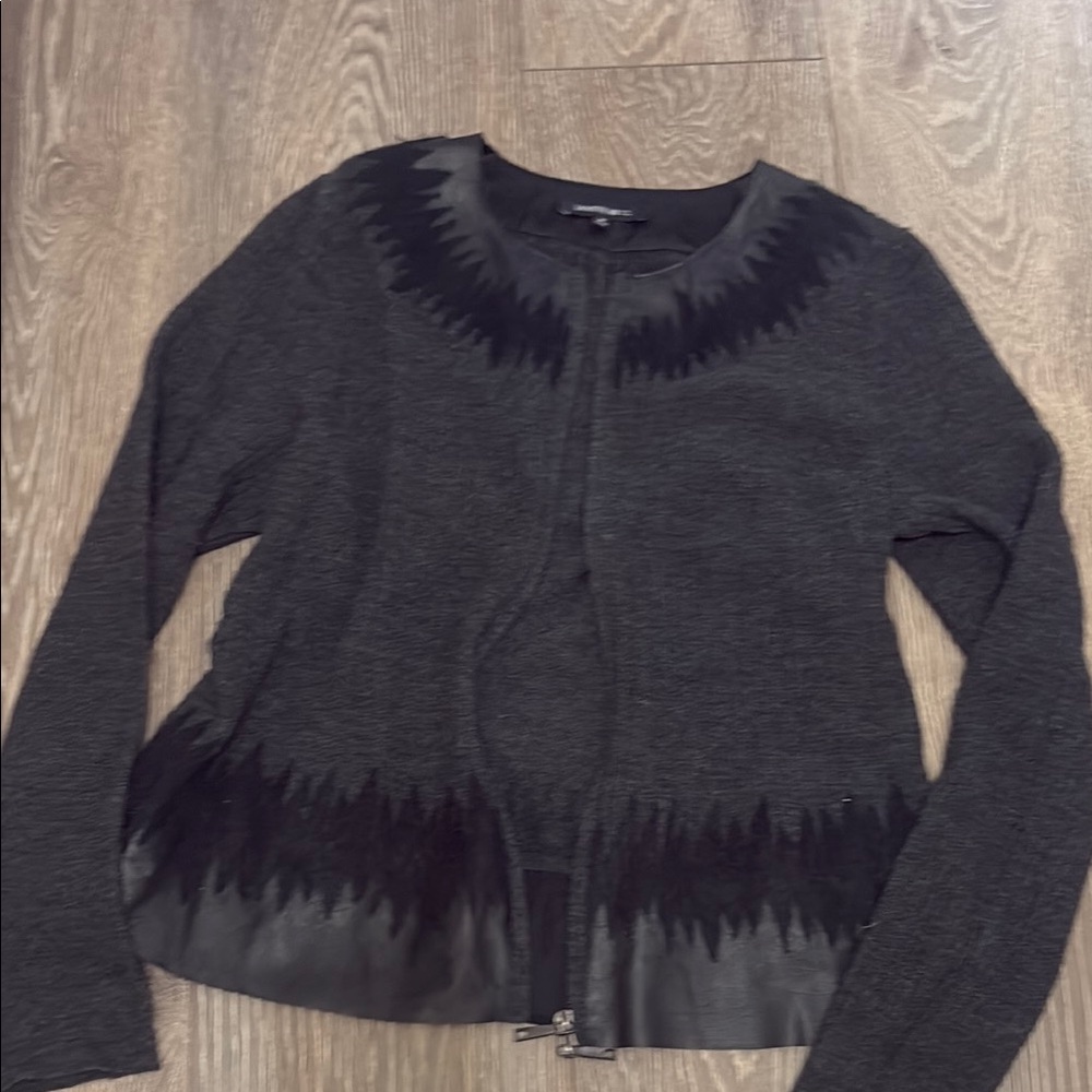Black Zip-Up Cardigan with Fringe Design
